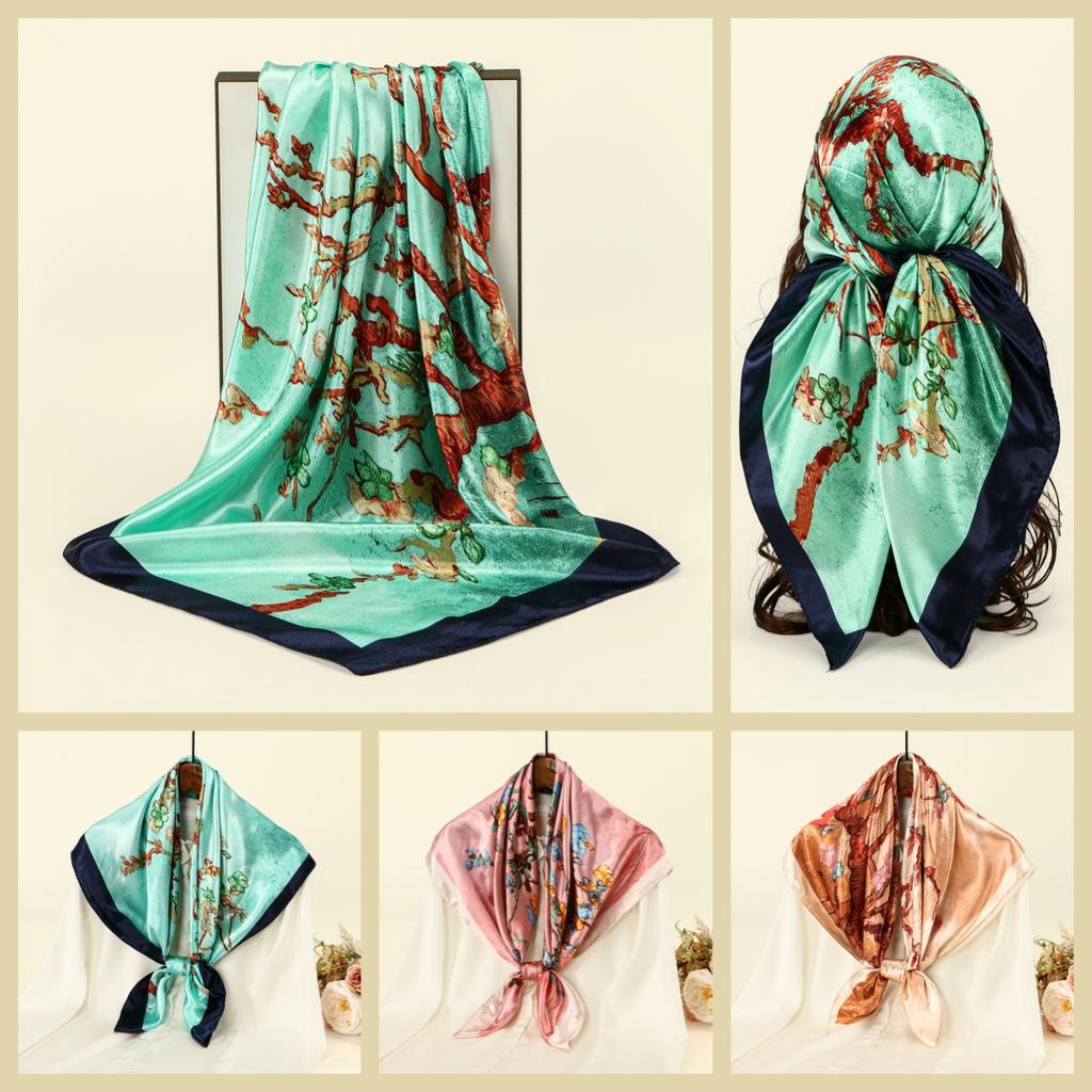 90*90cm Ethnic Print Square Scarf - Satin Women's Hijab Turban Head Wrap Scarf Bandana Fashion Head Scarf