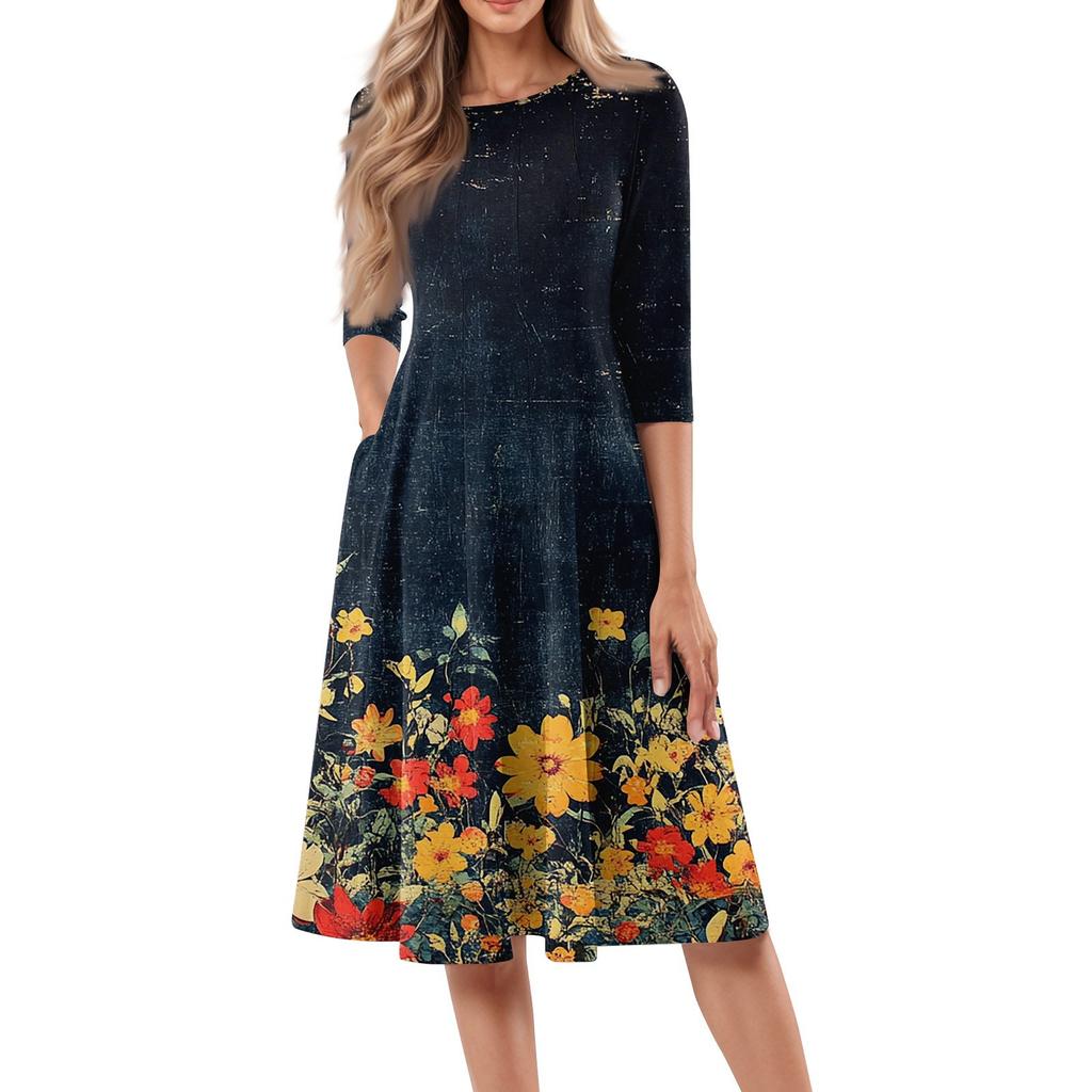 Women's Casual Fashion Round Neck Three-quarter Sleeve Floral Print Midi Dress