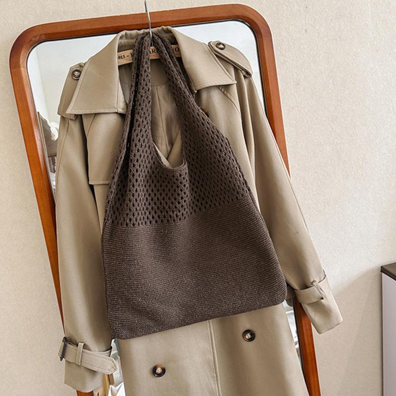 

Винтажная открытая летняя пляжная тканая женская сумка на плечо, вязаные сумки, большая вместительная сумка-тоут, связанная крючком 25x8x16cm темно-коричневого