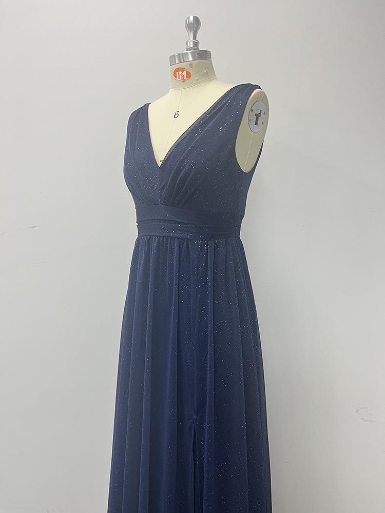 2024 Sparkling Chiffon Sleeve Double V-Neck A-Line Bridesmaid Dress with Side Slit