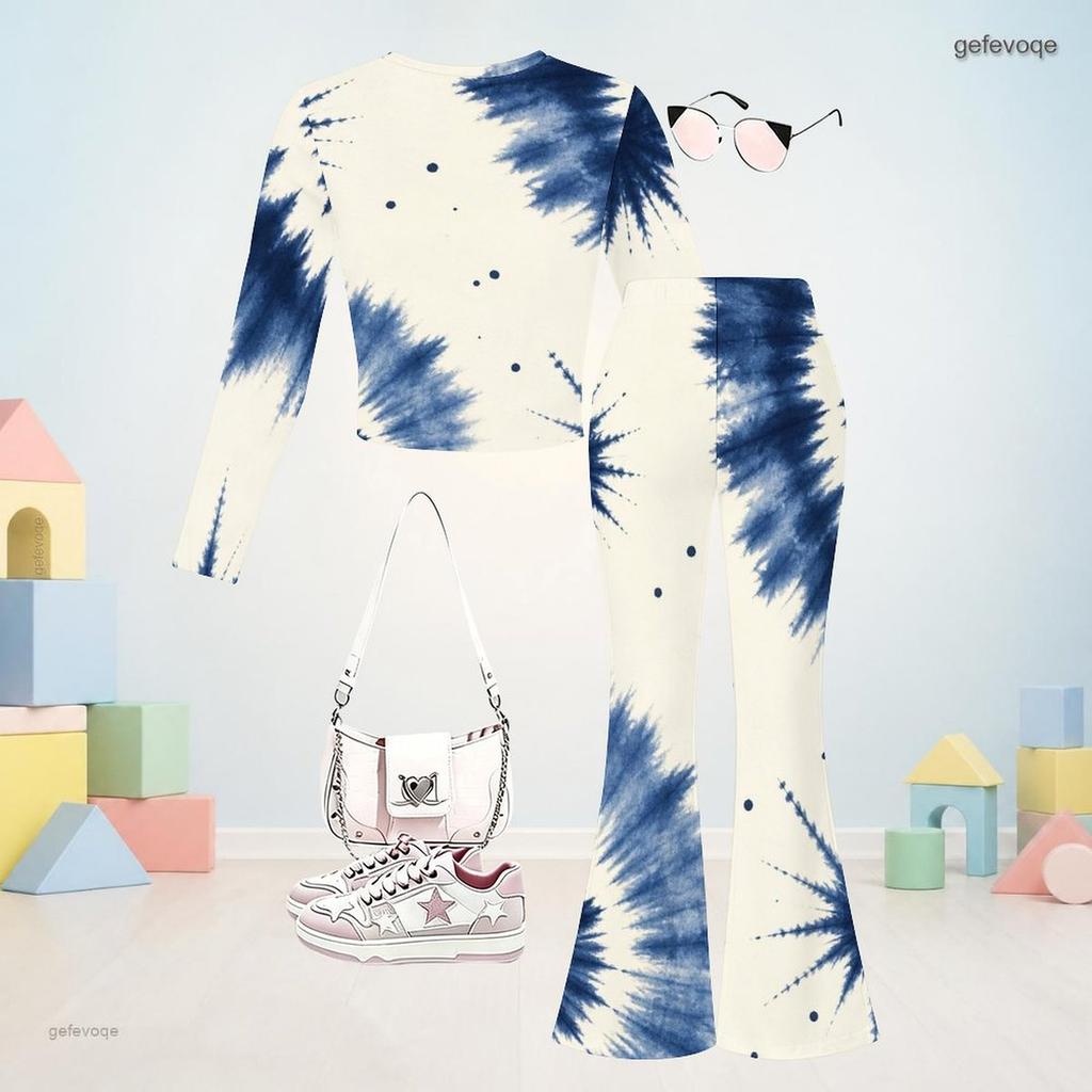 Girls Printed Two Piece Outfit Round Neck Long Sleeve Top Flared Pants Blue Beige White