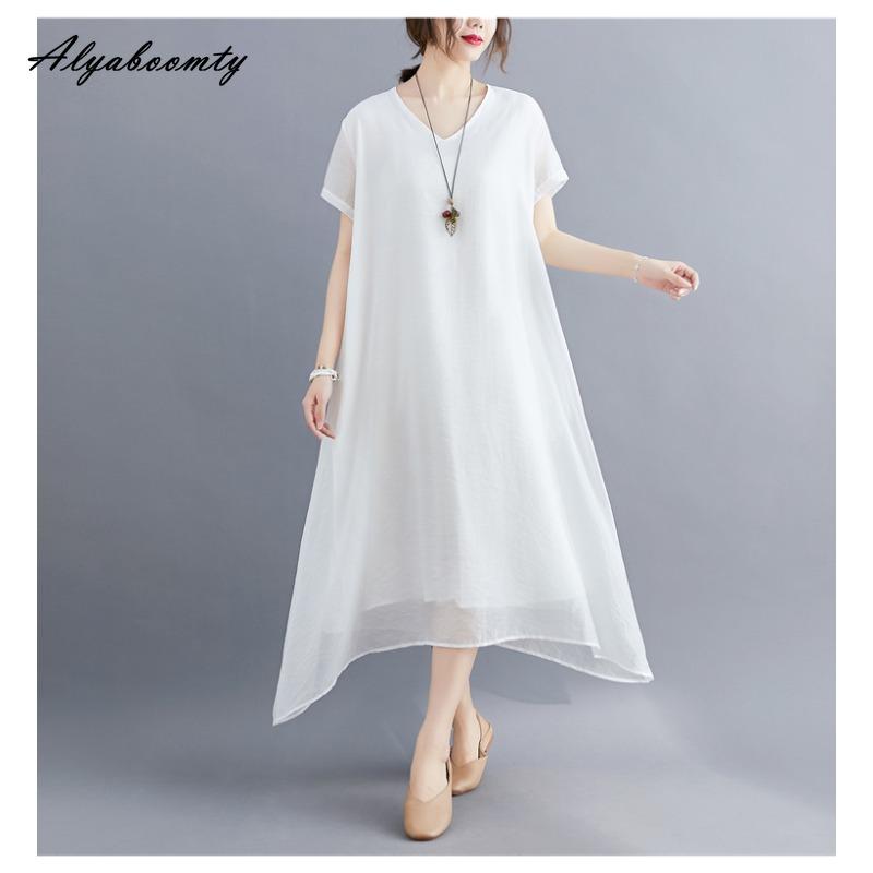 Korean Style Plus Size Summer Women Midi Dress V Neck Black White Pink Blue Yellow Orange Loose Dress Short Sleeve Casual Basic Ladies' Dress