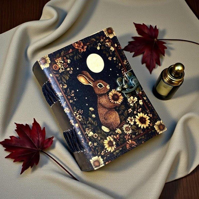 Bunny Rabbit Leather Grimoire Journal: Handmade Deckle Edge Notebook