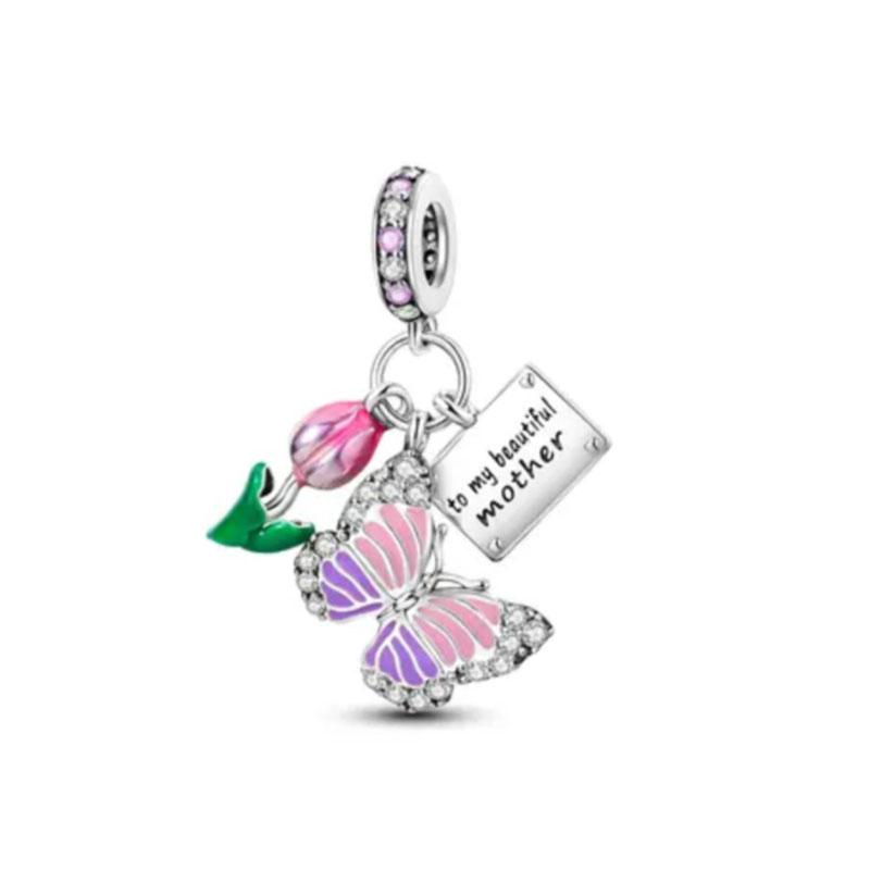 Fit Original Charms Bracelet 925 Silver Plated Pendant Pink Series Heart Flower Spring Butterfly Bead Women DIY Jewelry Making