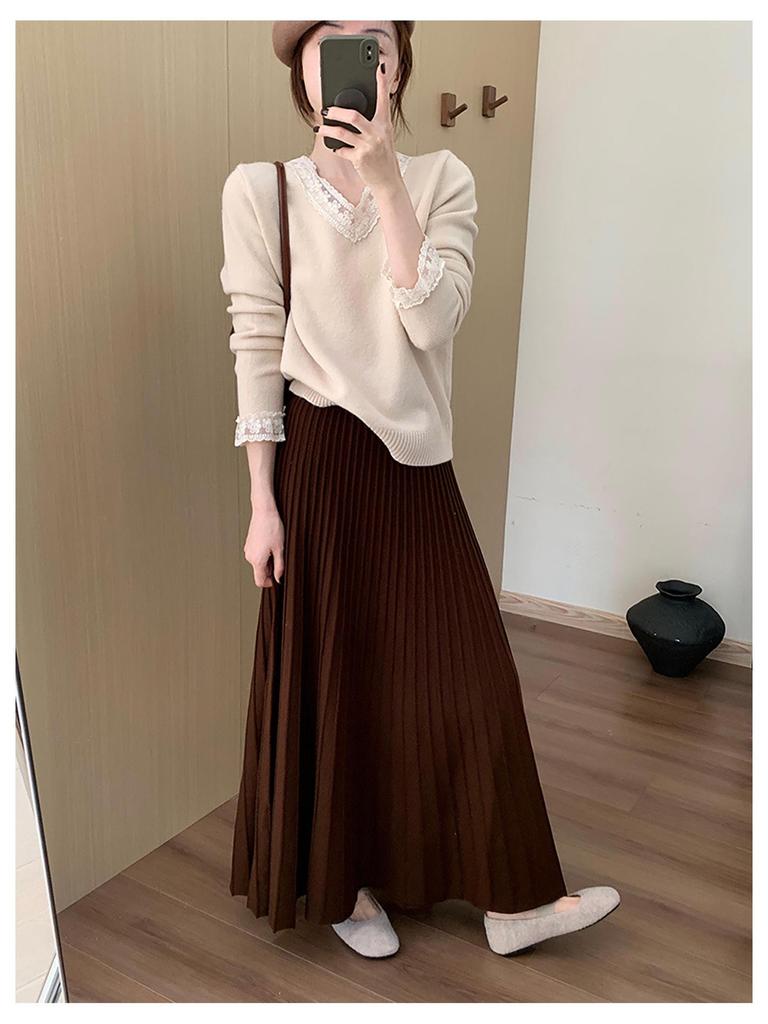 Women's High-Waisted Pleated Faux Cashmere Midi Skirt - Slimming A-Line, Thickened for Spring/Autumn 2026