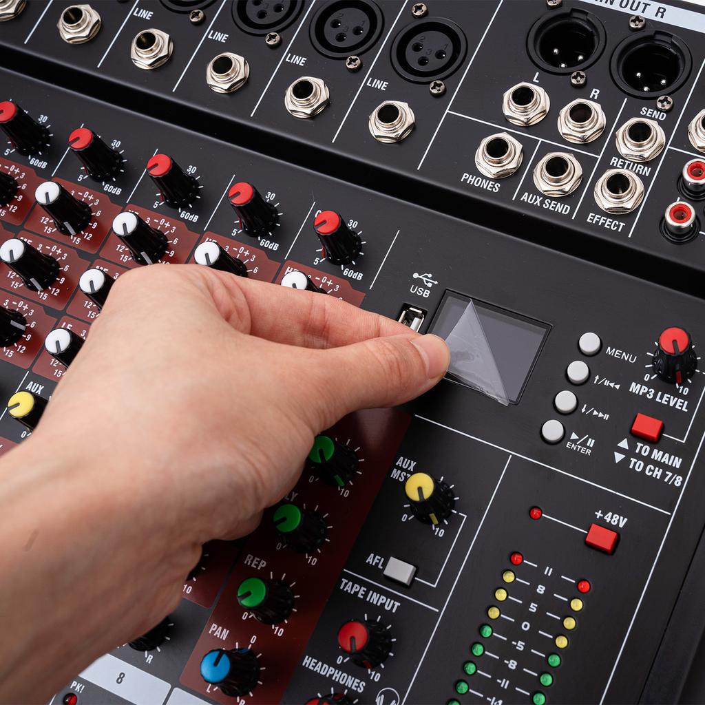 AC 110V Professional 8 Channel Mixing Console Audio Mixer Bluetooth Digital USB MP3 Input 48V Phantom Power Stereo DJ Studio
