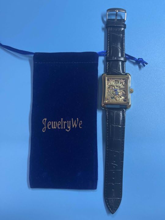 JEWELRYWE Men's Watch with Leather Strap, Stylish Waterproof Automatic Movement, Skeleton Design, Antique Style, Square Shape, Gold