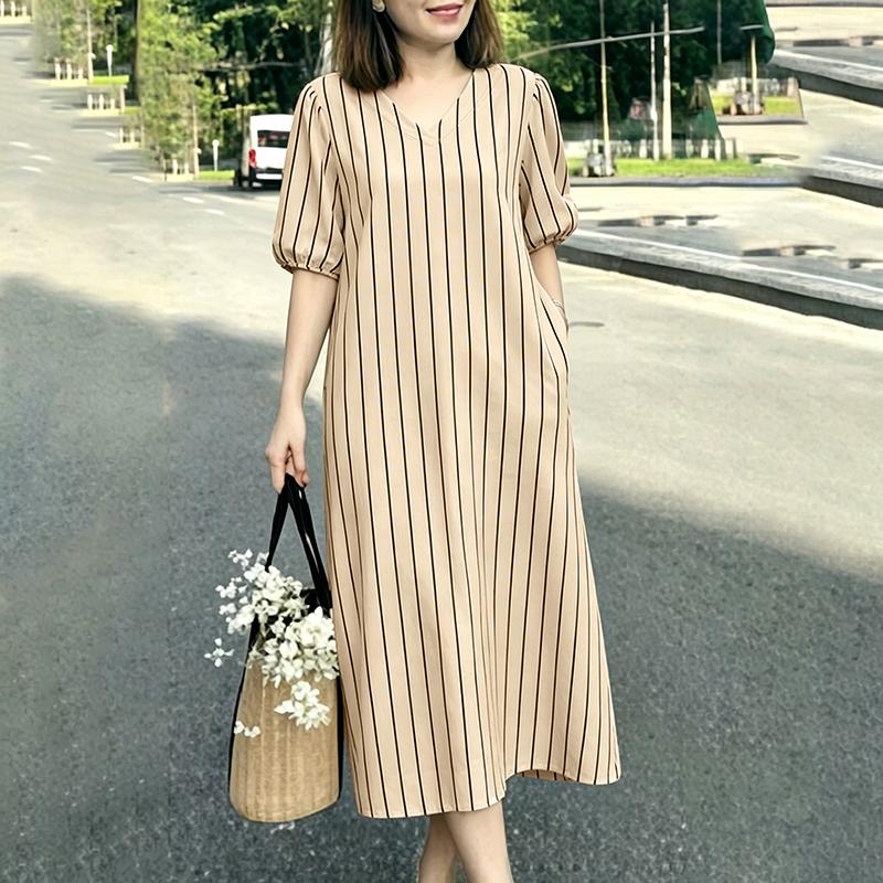 ZANZEA Women Casual V-Neck Loose Half Sleeve Stripe Dress S