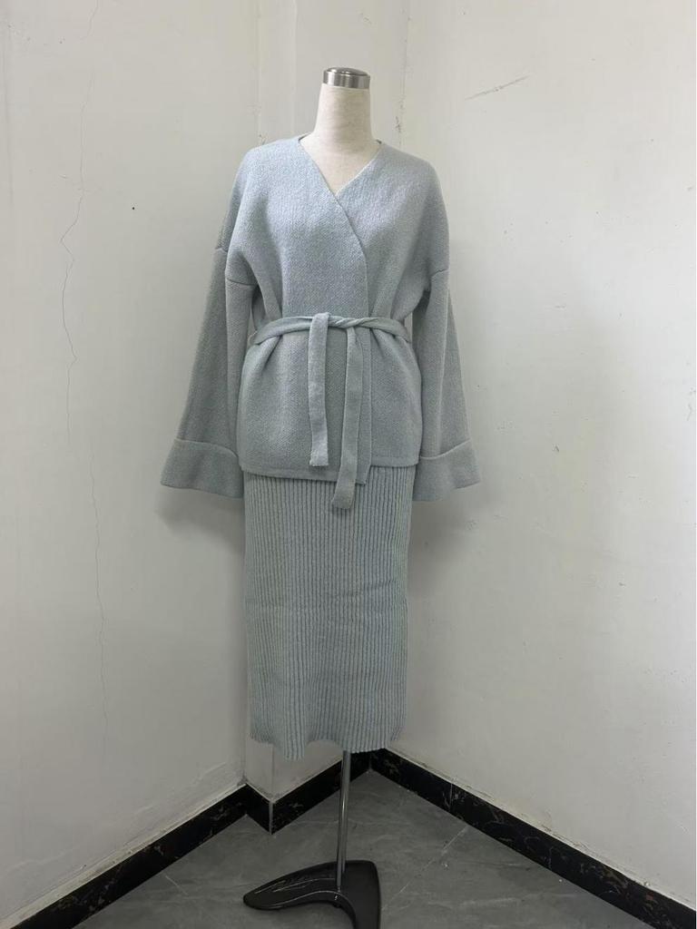 2025 Autumn European & American V-Neck Tie-Waist Short-Sleeve High-Waisted Skirt Set
