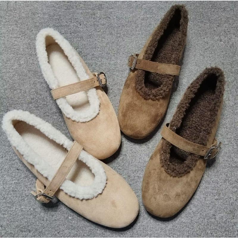 Mao Mao shoes women's soft sheepskin fur integrated Mary Jane suede one-word buckle with flat bottom retro velvet warm shoes