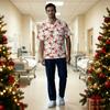 Men's Christmas Print V-Neck Short Sleeve Scrub Top with Chest Pocket
