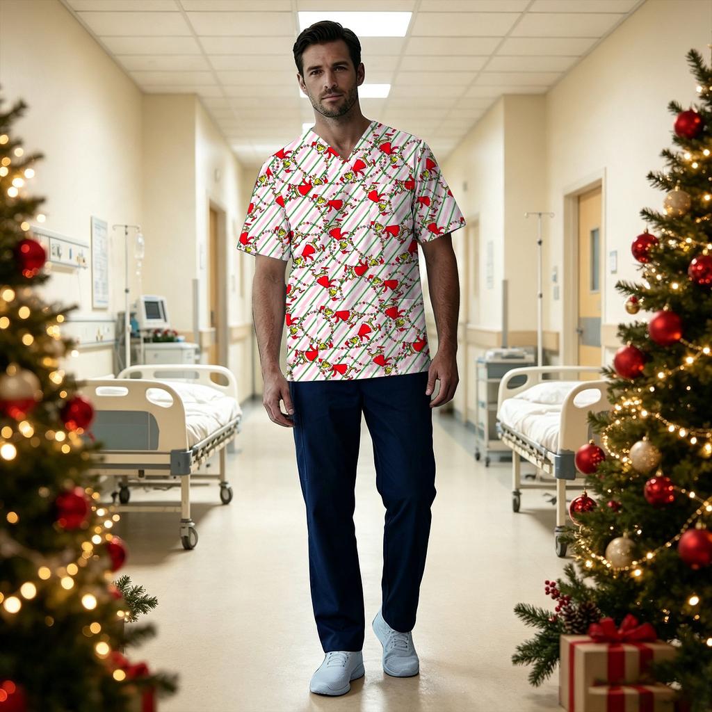 Men's Christmas Print V-Neck Short Sleeve Scrub Top with Chest Pocket