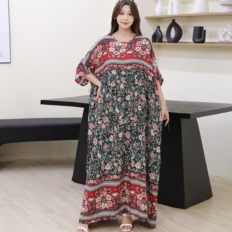 South East Asia 100kg super fat dress fat girl plus short sleeve maternity dress loose floral beach long skirt