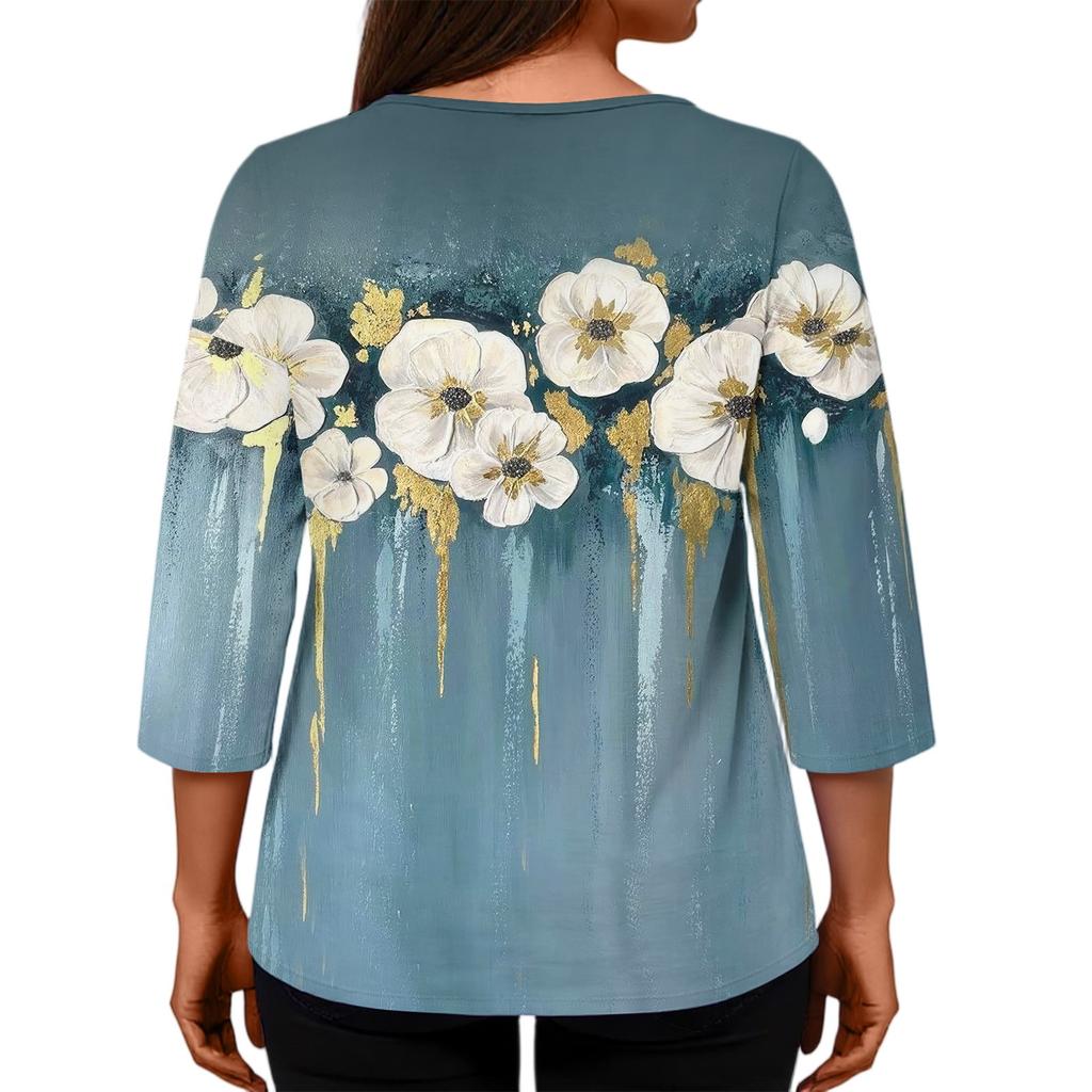 Damen Casual Mode Locker Rundhals Blumenmuster Langarm Oberteil