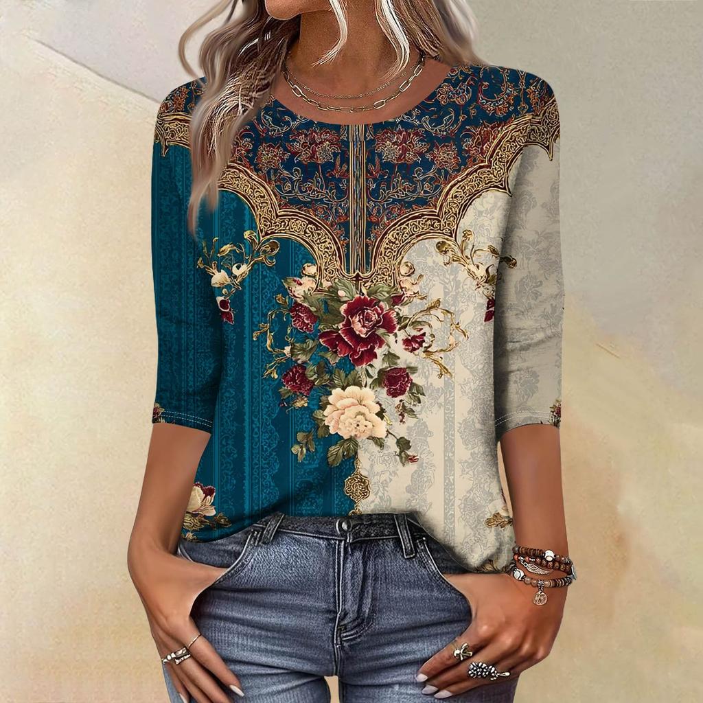 Trendy Vintage 3/4 Sleeve Top For Women,Ladies Casual Three Quarter Sleeve Round Collar Printed T-Shirt Blouse