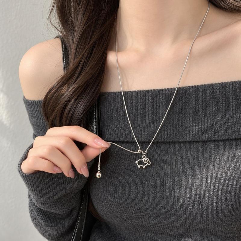 Silver Splicing Pull Asymmetric Sheep Pendant Necklace Long Sweater Chain Anti-Fade Trendy Jewelry for Music Festival Accessory