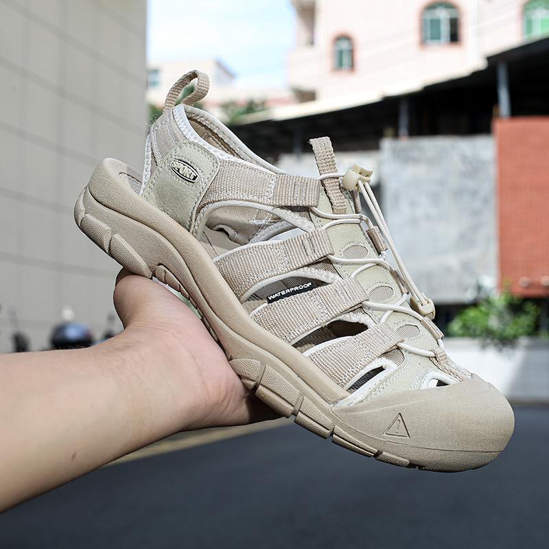 

Fashion Summer Breathable Mens Leather Casual Sandals Protective Toe Outdoor Thick Soled Leather Beach Vacation Sandals Hiking Sneakers 35 бежевый
