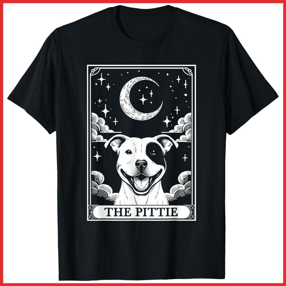 Pittie Tarot Card Vintage Crescent Moon Pit Bull Dog Black Cotton T-Shirt Unisex T-Shirt L