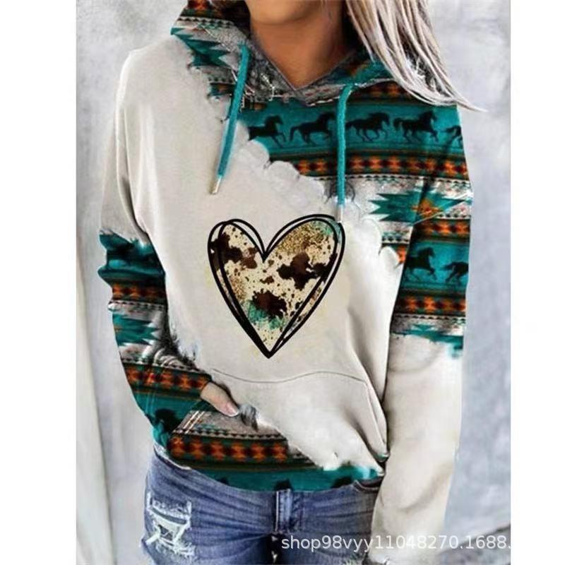 Womens Winter Hooded Sweatshirt Ethnic Print Loose Fit Long Sleeve Pullover Casual Oversized Top