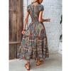 Summer Short Sleeve V Neck Printed Loose Women Dress Fashion Floral Pleated Elastic Waist Slim Fit Bohi A-line Party Dress Holiday Clothing