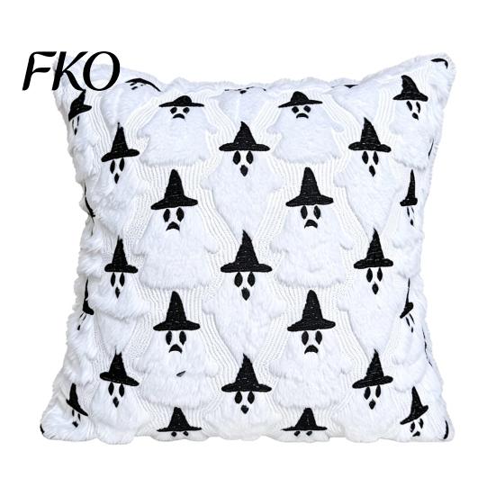 Seasonal Halloween Bedroom Accessories Ghost Cushion Cover, Fuzzy Throw Pillow 18x18 Inch Festive Living Room Sofa Decor Washable Plush Case for Couch