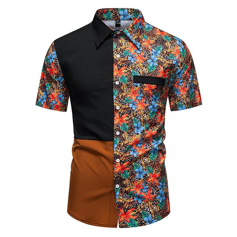 

Мужская рубашка с леопардовым принтом и цветовыми блоками Homme Luxe Летние топы Винтажная мужская с коротким рукавом Праздничная Гавайская Кубинская рубашка Streetwear S