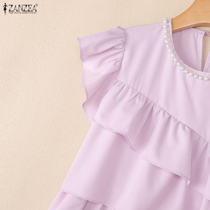 ZANZEA Women Casual Round Neck Short Sleeve Loose Ruffles Blouse