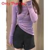 Womens Pure Color Long Sleeve T Shirt With Round Neck For Autumn Casual Wear