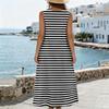 Women’s U Neck Sleeveless Pocket Split Hem Tank Dress Cotton Linen Casual Loose Fit Midi Dress with Striped Print