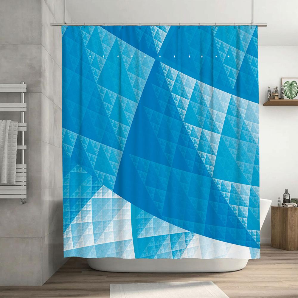 Modern Blue Geometric Shower Curtain Set, Waterproof Polyester Fabric for Bathroom Decor Bath Mat, Rods Rings