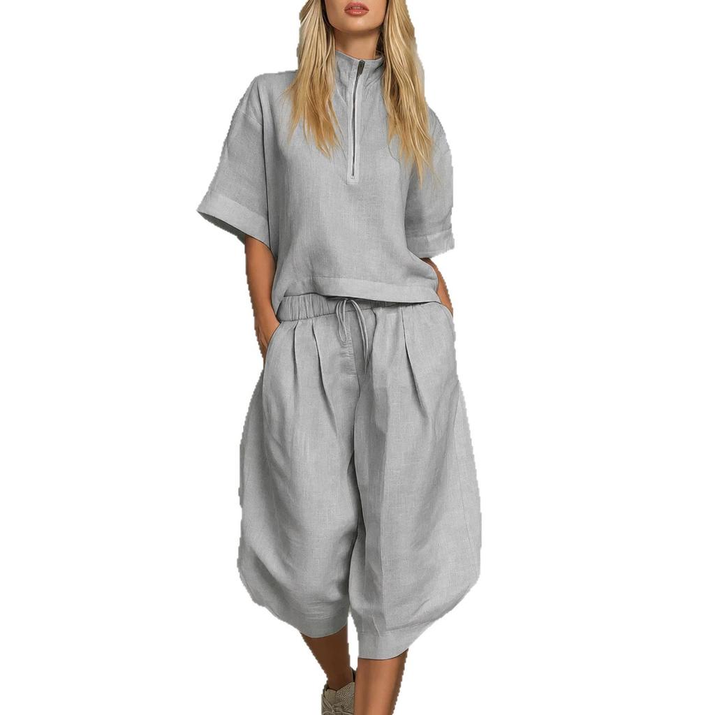 European and American Cross-border Women's Clothing Summer Casual Suit Semi-zipper Shirt Short-sleeved Top Drawstring Wide-leg Cropped Pants Two-piece