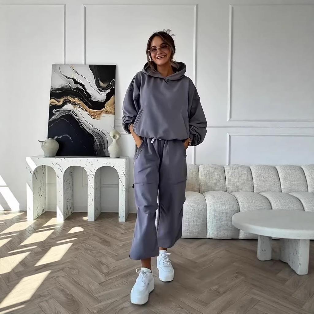 26 Europe, America, Amazon Cross-border Women's Clothing New Slack Hooded Sweater Wide-leg Trousers Tooling Style Suit