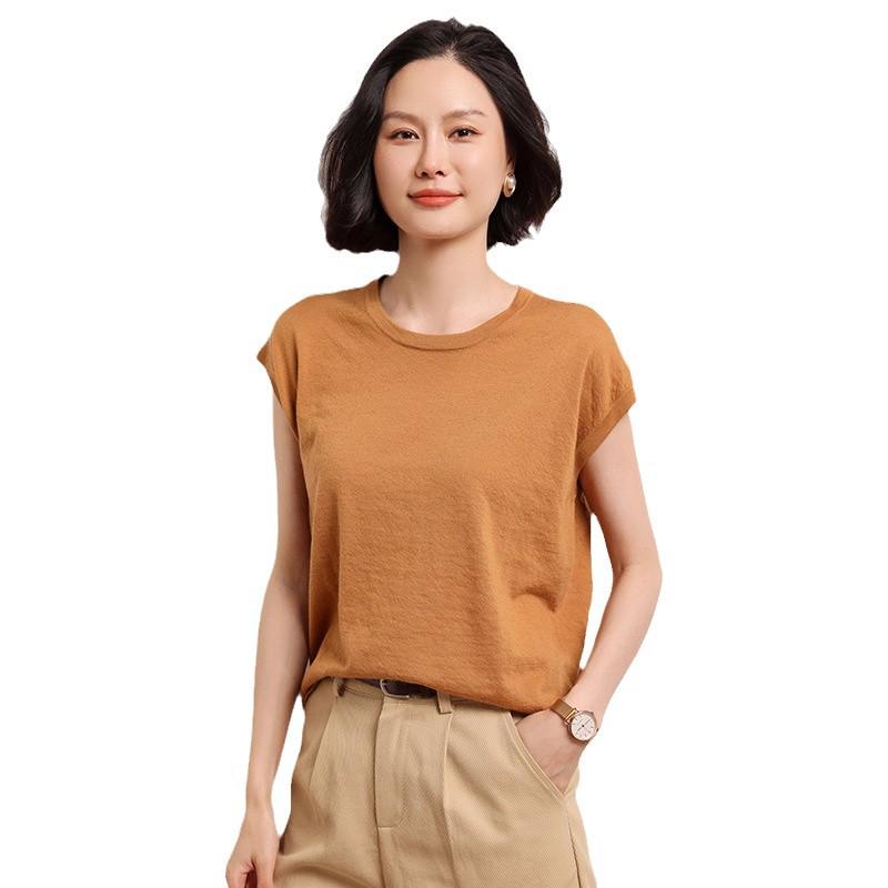 High-Quality Women's Cashmere Round Neck Short Sleeve Sweater for Autumn/Winter - Simple, Loose, and Versatile.