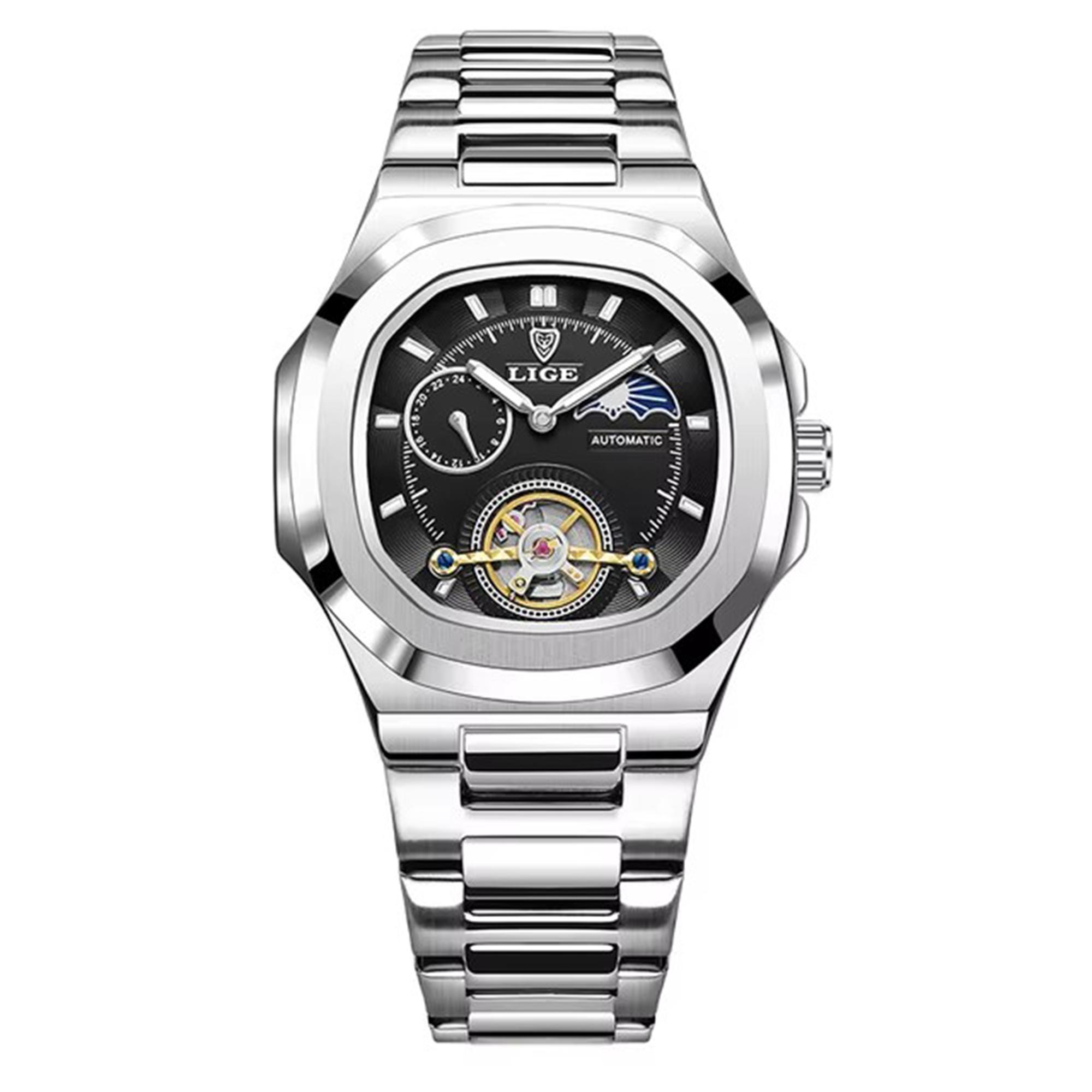 

LIGE Dual Seconds Tourbillon Watch 24 Hour Mechanical Watch Нержавеющая сталь Authentic Men Watch серебряный/чёрный