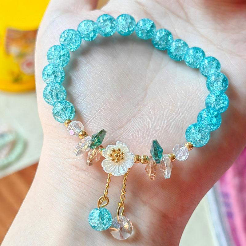 Cute Green Crystal Bead Bracelet for Women Trendy Lily Valley Flower Charm Elastic Adjustable Bracelet Wedding Birthday Jewelry