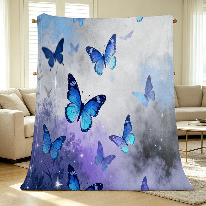 Soft Flannel Blanket Dreamy Starry Butterfly Pattern, No Shedding, Warm Cozy for Home, Sofa, Lounge, Ideal for Christmas, Halloween & Daily Use