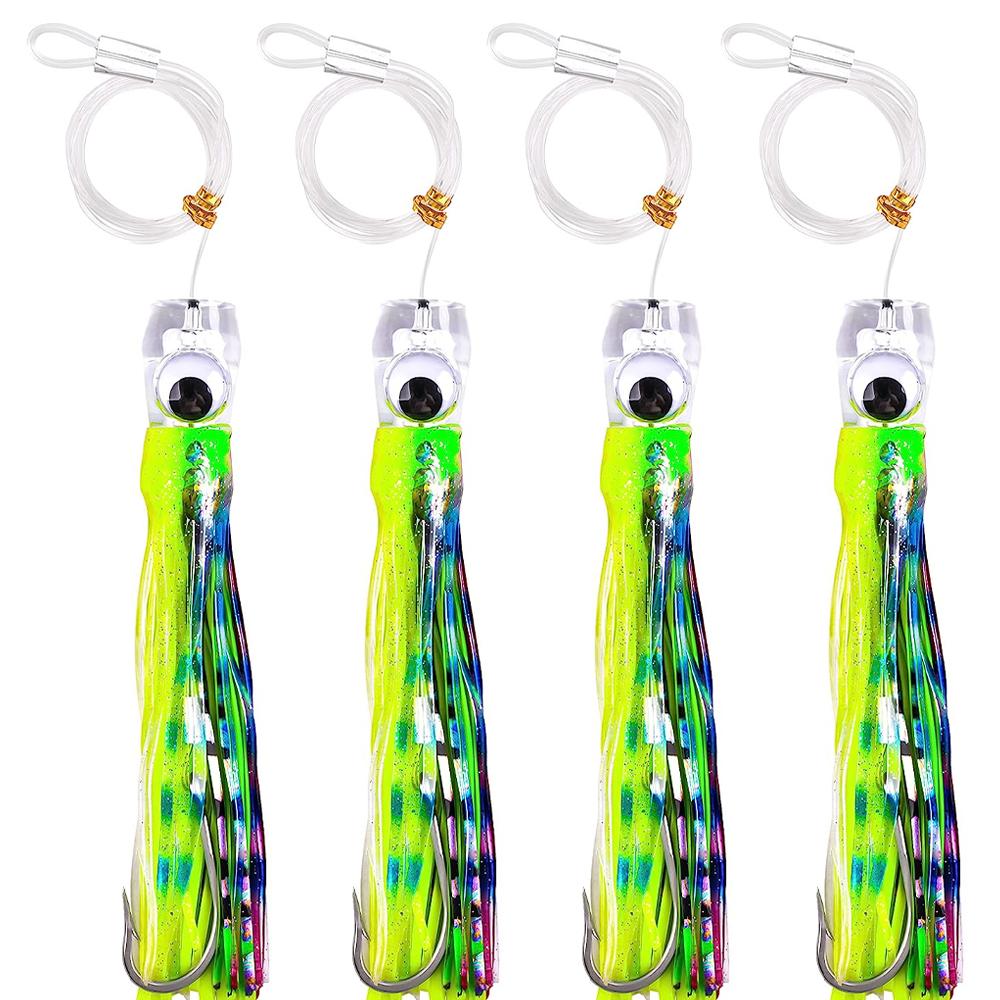 4Pcs 68g/107g Fishing Lures Saltwater Trolling Lures Rigged Squid Skirt with Leader Line Shark Hooks for Marlin Tuna Wahoo