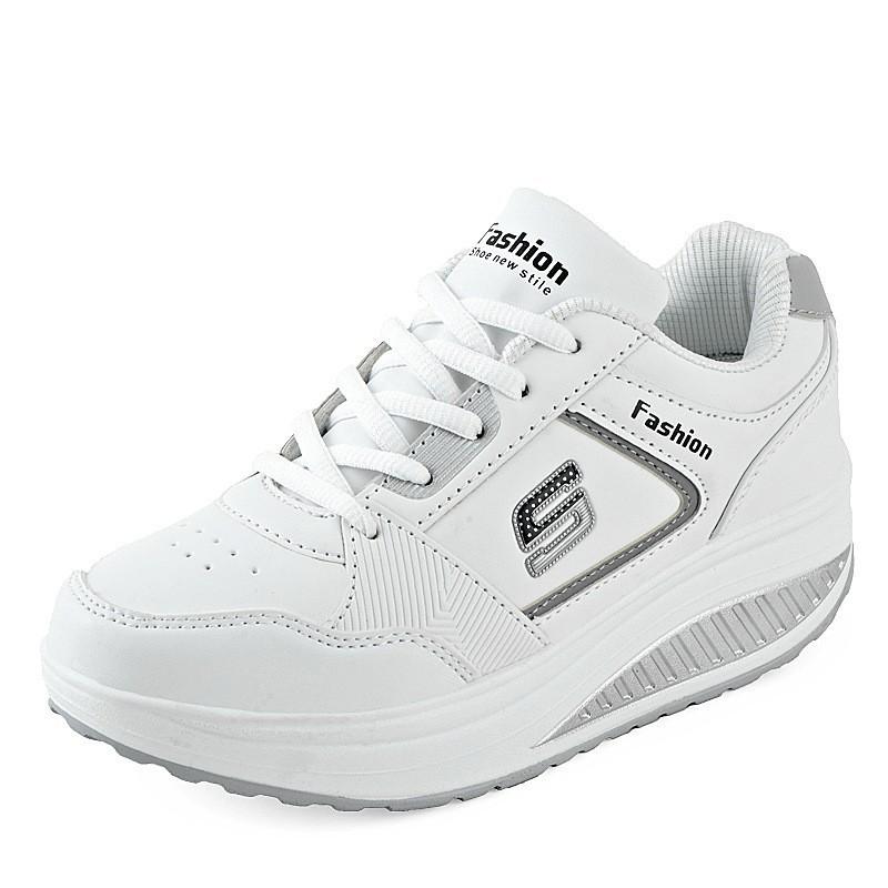 Pinduoduo White Leather Shakers Muffin Wedge Heel Sneakers