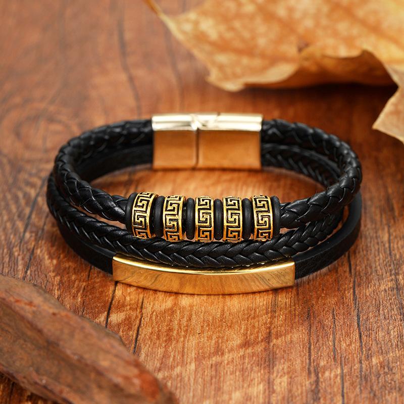 Men's Multi Layer Handwoven Great Wall Pattern PU Leather Bracelet Fashion Wristband Accessory
