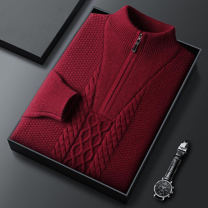 

Men s Thick Cable Knit Half Zip Sweater with Stand Collar L бордовий