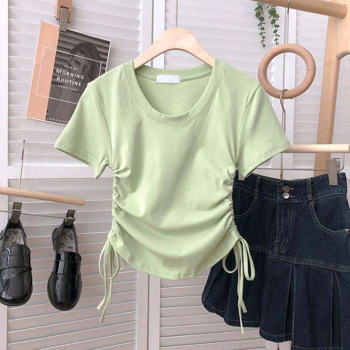 2025 Korean Style Slim Fit Short Sleeve Women's T-Shirt with Round Neck and Drawstring.