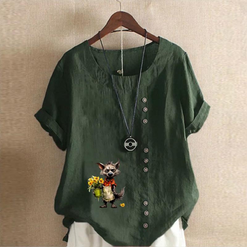 Women's Fashion Dog Flowers Prined Short Sleeve T-shirt Loose Cotton Shirt Casual Loose Summer Blouse Tops Plus Size