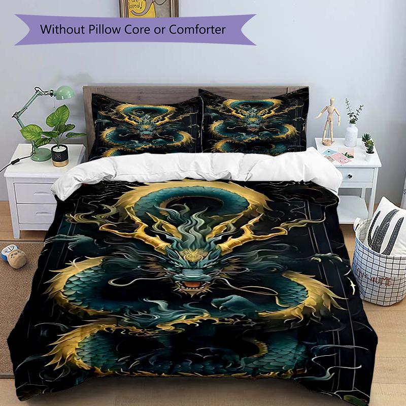 3pcs Dragon Fantasy Anime Cartoon Design Comforter Set with 1 Quilt Cover and 2 Pillowcases (No Core), Home Decor, Festival Gift, Polyester Fabric