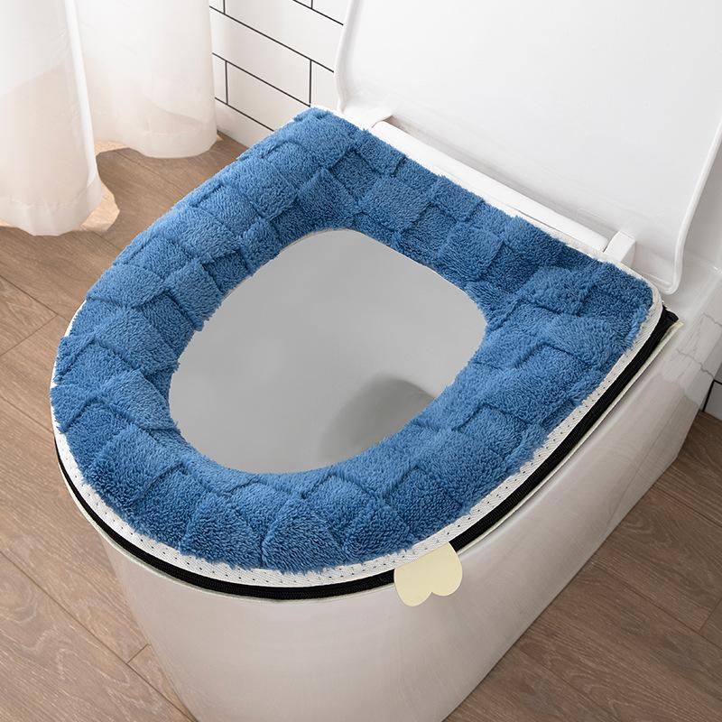 Thickened Plush Checkered Toilet Seat Cushion with Zipper, Winter Home Toilet Mat, Comfortable for Long Sitting Without Pressure