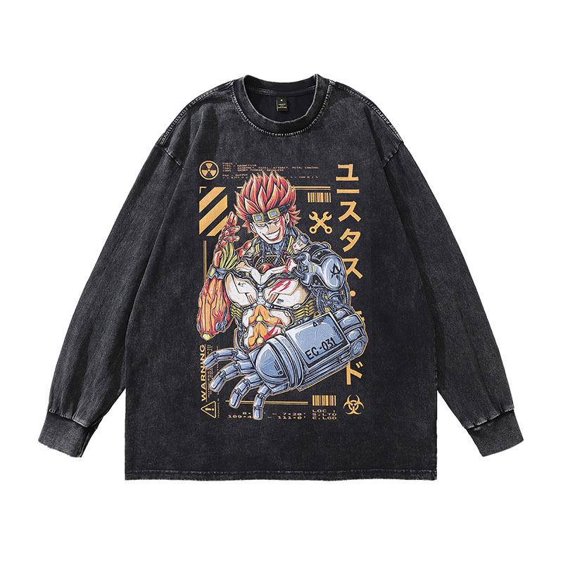 Tide Brand T-Shirt Harajuku Japanese Ukiyo-E Painted Street Retro Tiger Print Washed Old Long-Sleeved T-Shirt For Men And Women