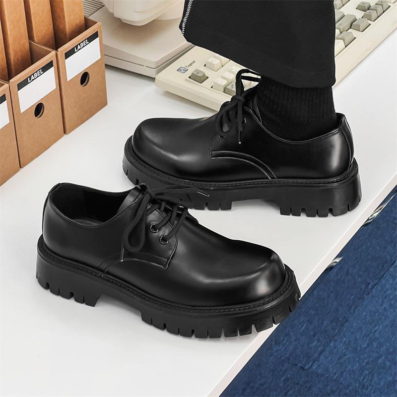 Round head Derby shoes men's high-end matte black big head shoes British platform heightening retro leather shoes 2112-J