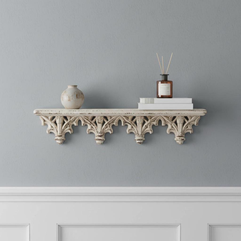 Carved Display Shelf Distressed White Finish French Decorative Wall Ready To Hang for Photo
