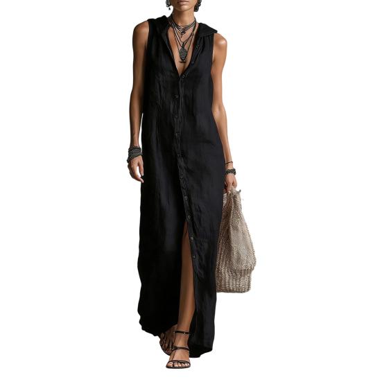 

Hooded Sleeveless Maxi Dress for Women Button Down Casual Shirt Dress with Pockets Summer Beach Sweatshirt Long Dress M