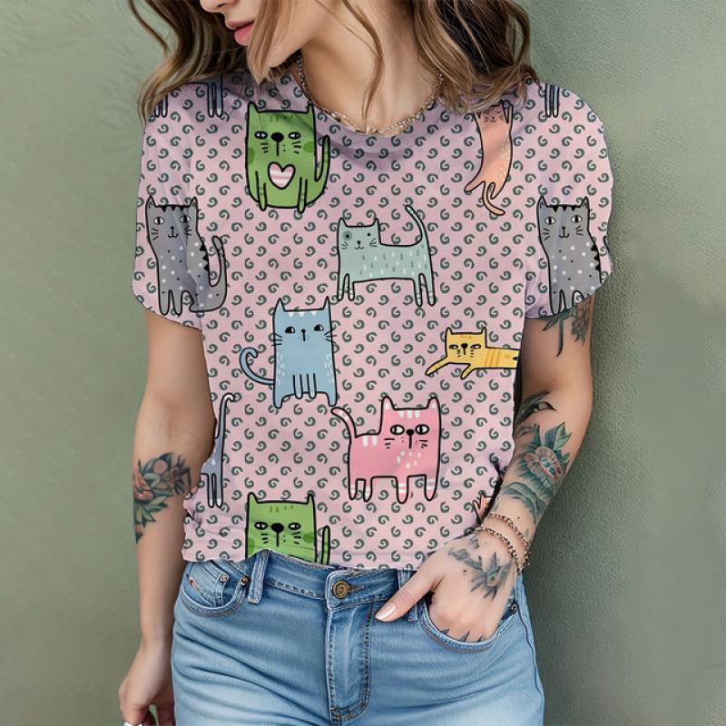 2024 New Fashion Women's T Shirt Cute Cat Printed Short Sleeve Round Neck Fun Pattern T Shirt Summer Home Casual Women's Tops