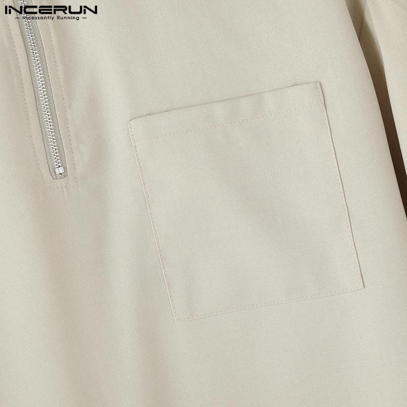 INCERUN Herren Stehkragen Reißverschluss Langarm Einfarbig Lässig Locker Hemden